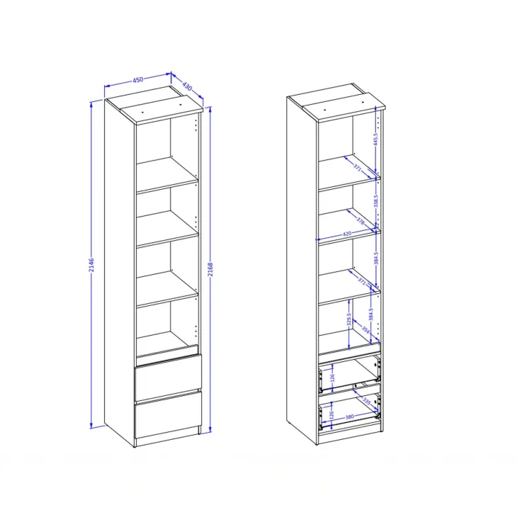 Libreria a colonna 45x215h cm 4 vani a vista 2 cassetti verde salvia rovere Elvira