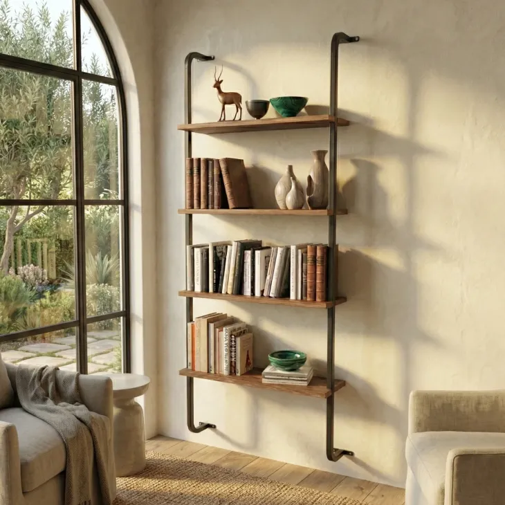 Libreria da parete 76x151h cm con 4 ripiani industrial noce metallo nero Bering
