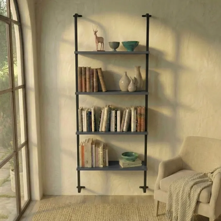 Libreria da parete 76x151h cm 4 ripiani industrial antracite metallo nero Bering