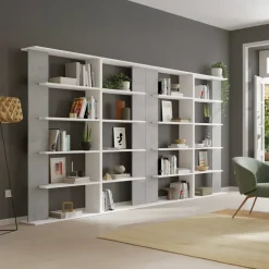 Libreria da parete 360x180h cm soggiorno bianco opaco cemento Aline
