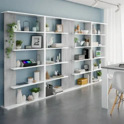 Libreria da parete 360x180h cm soggiorno bianco opaco cemento Aline