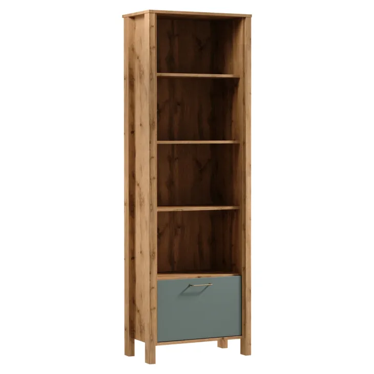 Libreria moderna 66x200h cm 4 ripiani 1 anta rovere verde Leave