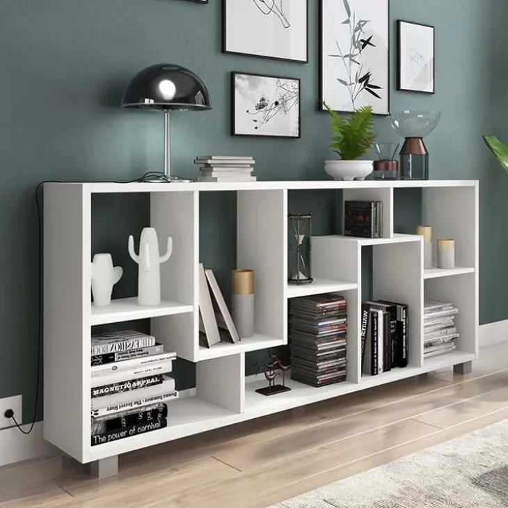 Libreria orizzontale 156x74h cm moderna soggiorno multiposizione bianco frassinato Eliza