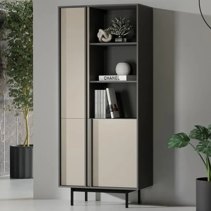 Libreria 83x195 cm 3 ante 3 vani a giorno antracite beige Essenzia