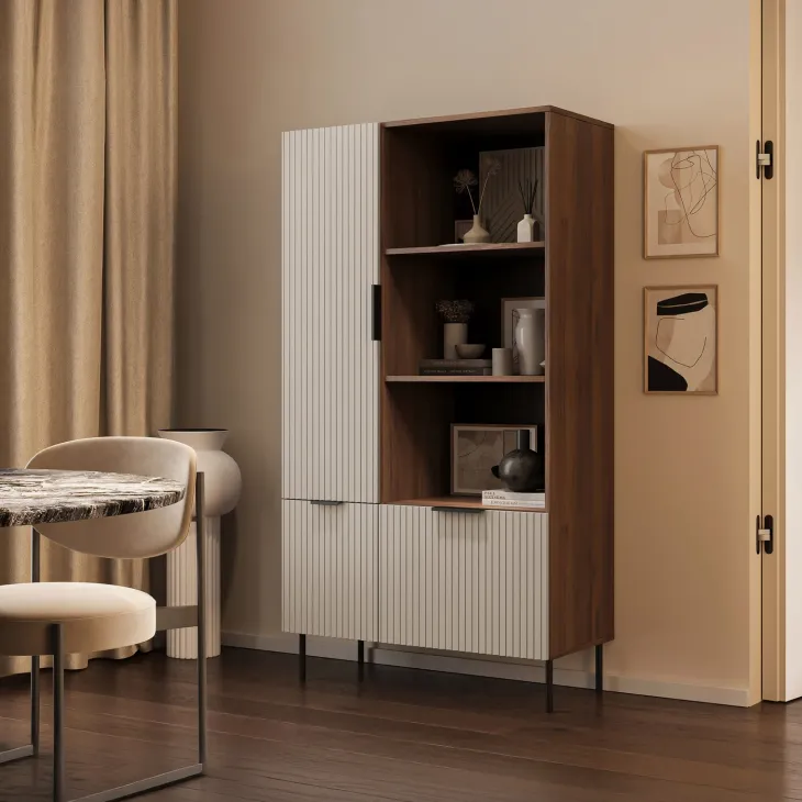Libreria 90x166h cm 3 ante 3 vani a giorno beige cashmere noce Serenia