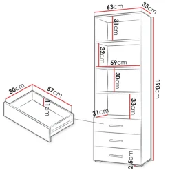 Libreria 63x190h cm 3 cassetti design moderno bianco Pastello