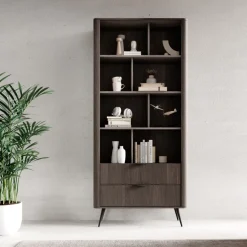Libreria 88x194h cm 2 cassetti 8 ripiani a vista soggiorno wengè nero Vesper