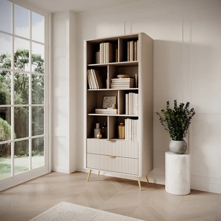 Libreria 88x194h cm 2 cassetti 8 vani a giorno beige cannettato Ramis