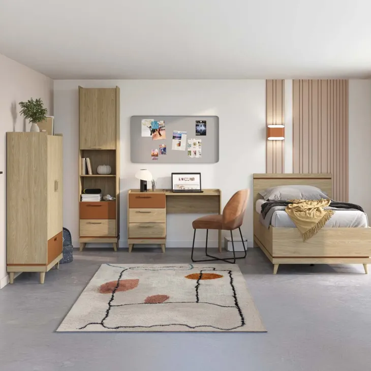Libreria 50x215h cm 2 cassetti 2 vani a giorno rovere rosso mattone Yu