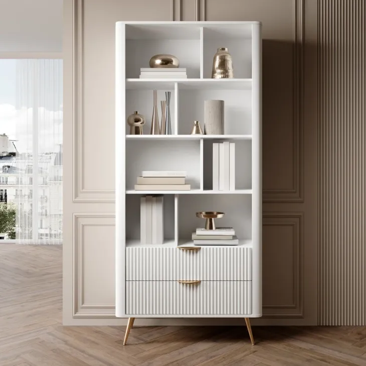 Libreria 88x194h cm 2 cassetti 8 vani a giorno bianco opaco cannettato Ramis