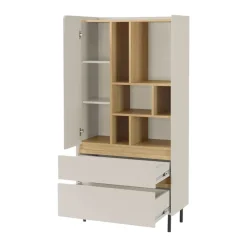 Libreria 80x165h cm con 1 anta 2 cassetti e 6 vani a vista beige cashmere rovere chiaro Linfa