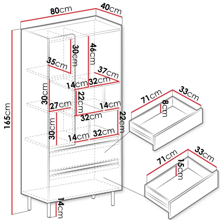Libreria 80x165h cm con 1 anta 2 cassetti e 6 vani a vista verde rovere chiaro Linfa