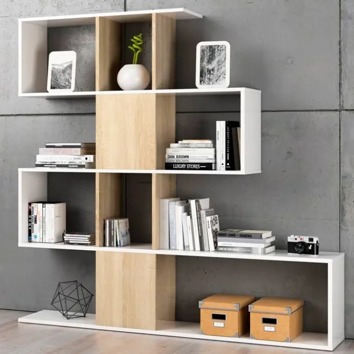 Libreria 145x145h cm moderna bianco rovere naturale Snake