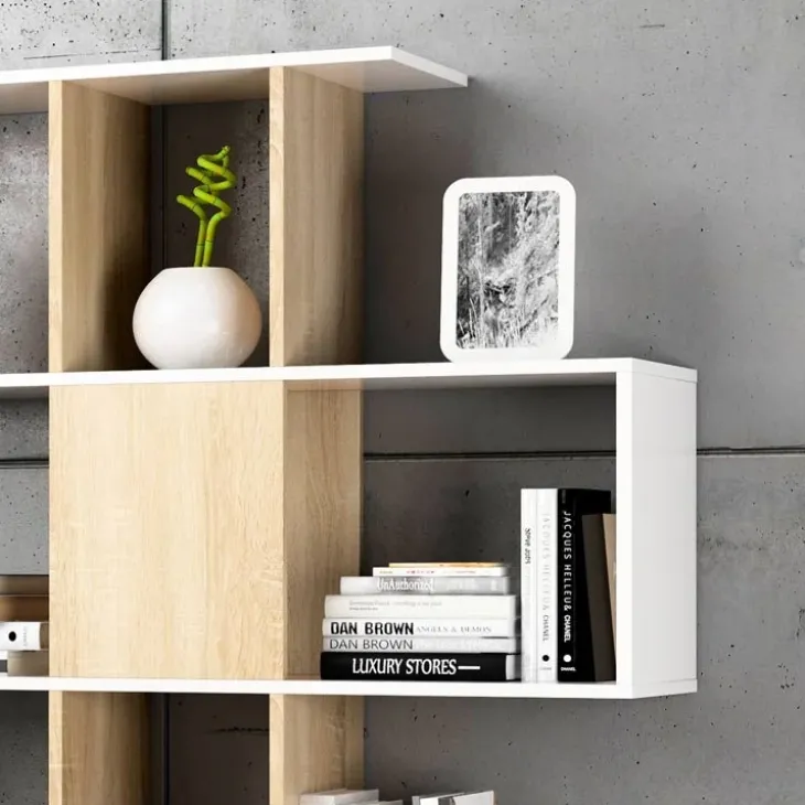 Libreria 145x145h cm moderna bianco rovere naturale Snake