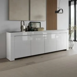 Madia moderna 210x82h cm 4 ante bianco lucido Essential