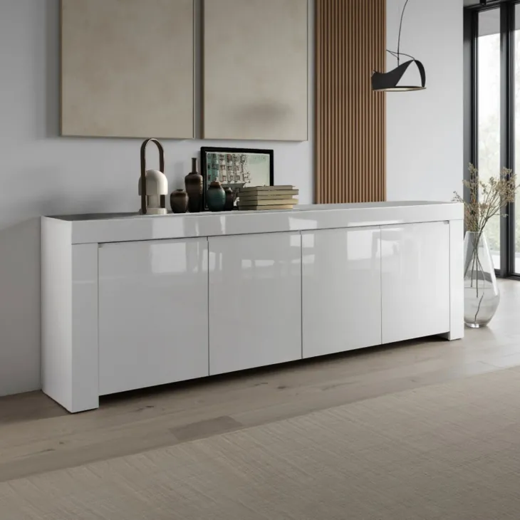 Madia moderna 210x82h cm 4 ante bianco lucido Essential