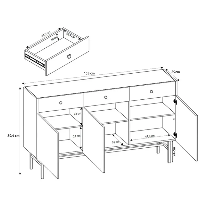 Madia moderna 155x90h cm 3 ante 3 cassetti nero Eterna