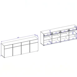 Madia moderna 225x78h cm 4 ante 4 cassetti bianco rovere Lolla