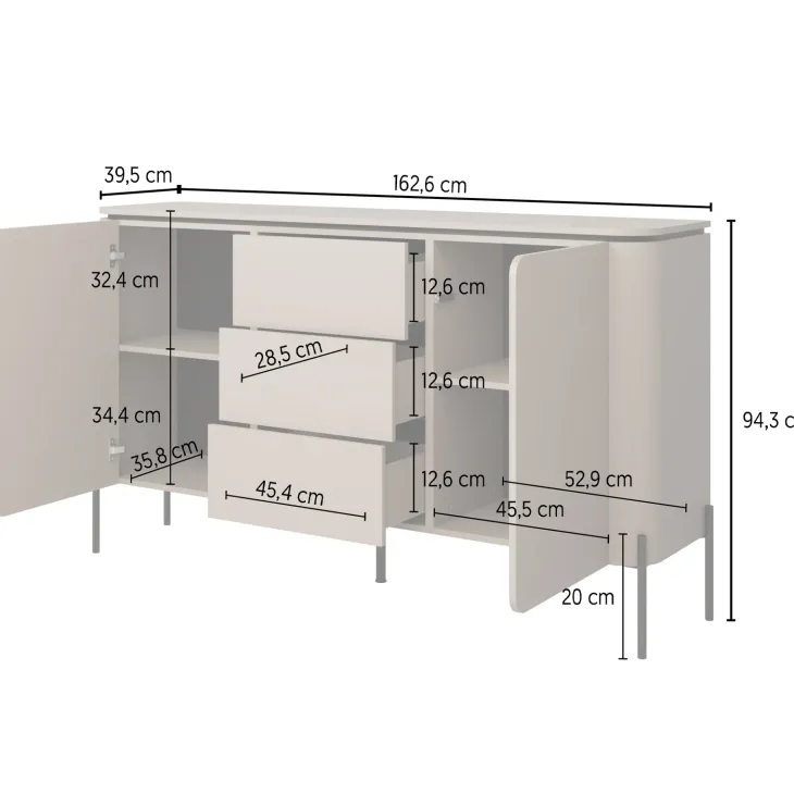 Madia moderna 163x95h cm 2 ante 3 cassetti tortora Carty