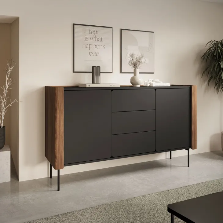 Madia moderna 142x83h cm 2 ante 3 cassetti noce nero Wrappy