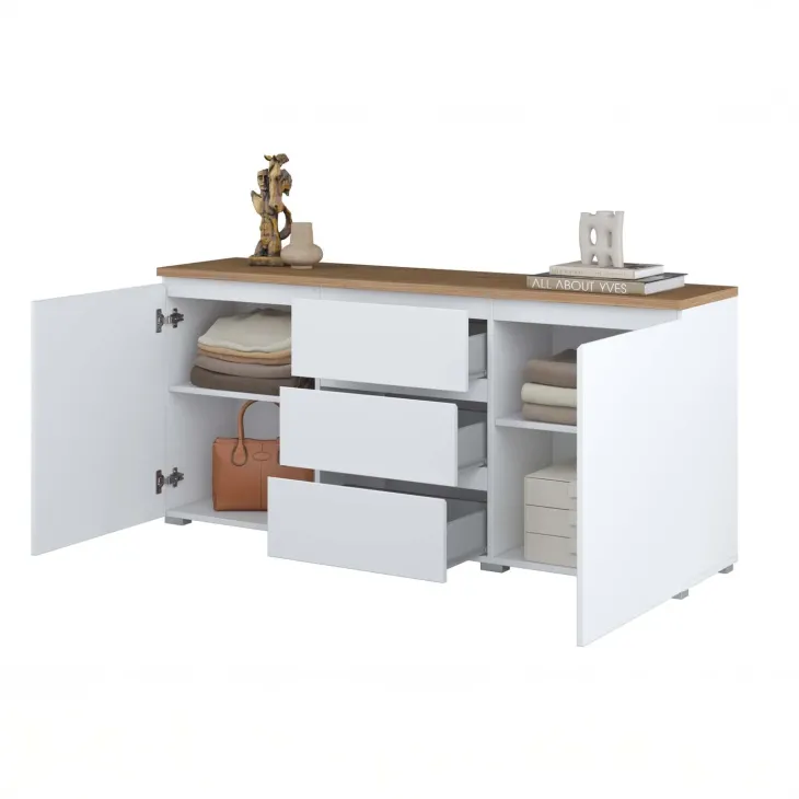 Madia moderna 150x68h cm 2 ante 3 cassetti bianco rovere Ischia