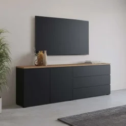 Madia moderna 200x68h cm 2 ante 3 cassetti nero rovere Ischia