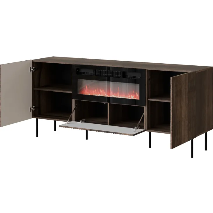 Madia moderna 181x81h cm 3 ante con caminetto elettrico noce cannettato Gabiot