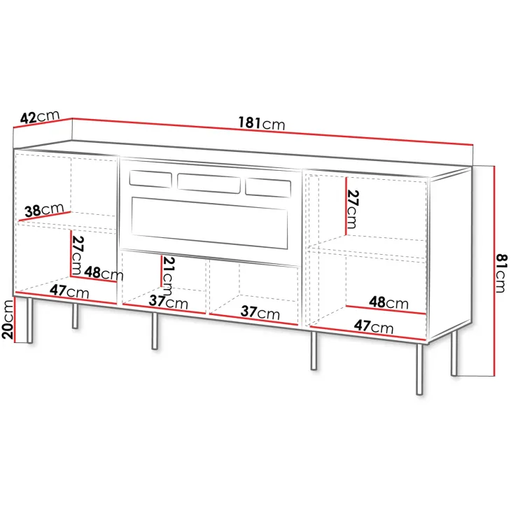 Madia moderna 181x81h cm 3 ante con caminetto elettrico noce cannettato Gabiot