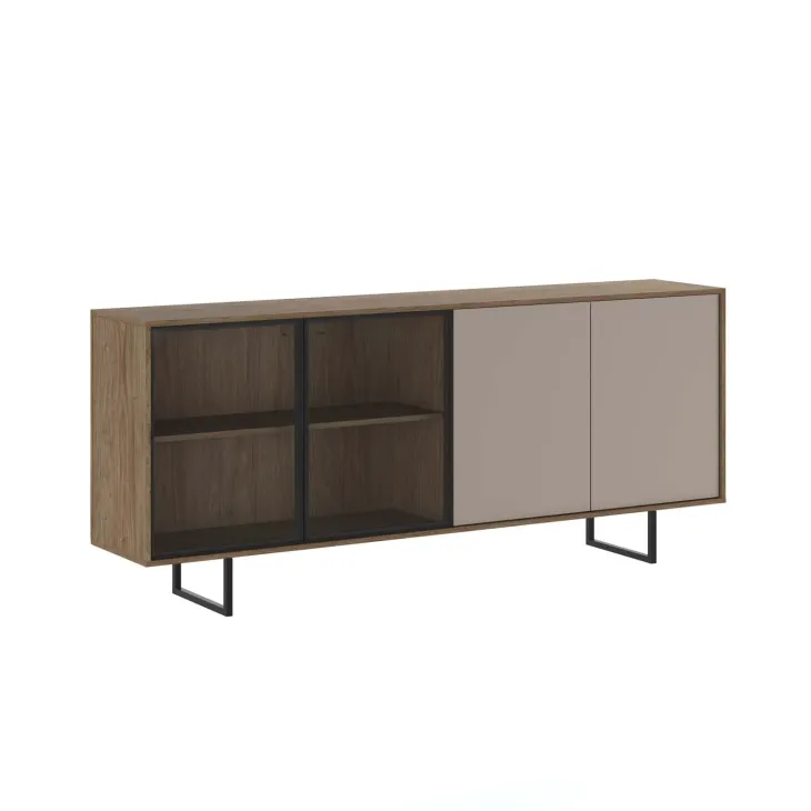 Madia moderna 200x87h cm 4 ante con vetrina rovere scuro tortora Domus