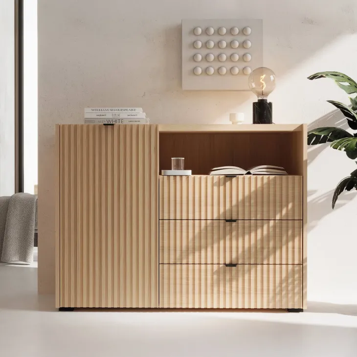 Madia moderna 106x80h cm cannettato 3 cassetti rovere Sally
