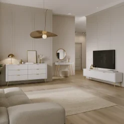 Madia moderna 163x81h cm 6 cassetti moderna bianco opaco cannettato Ramis