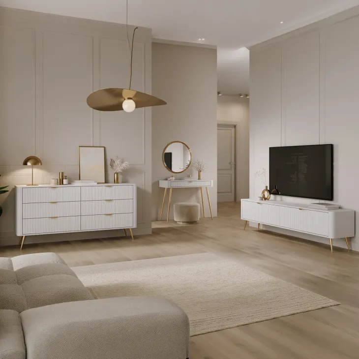Madia moderna 163x81h cm 6 cassetti moderna bianco opaco cannettato Ramis