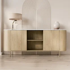 Madia moderna 184x75h cm 2 vani rovere effetto marmo bianco Roundi