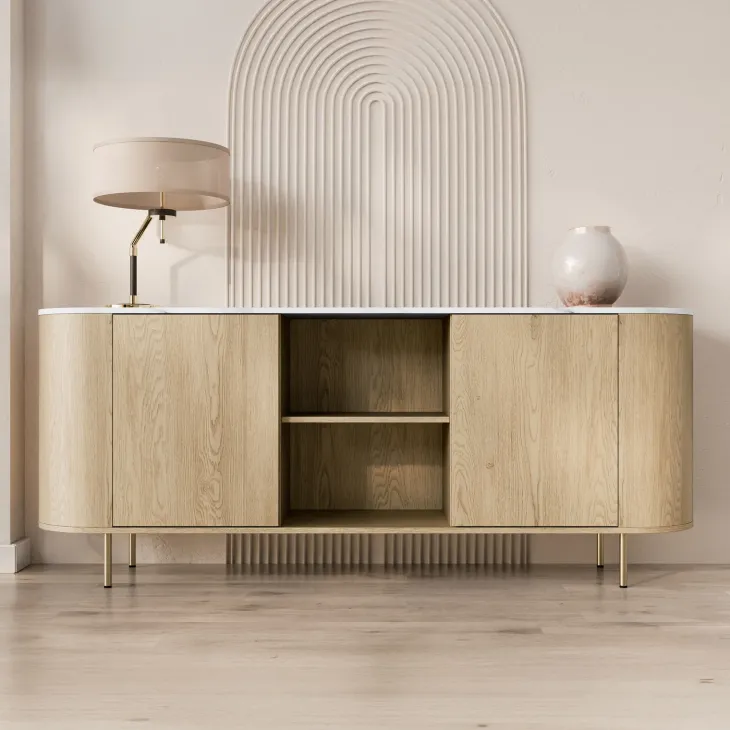 Madia moderna 184x75h cm 2 vani rovere effetto marmo bianco Roundi