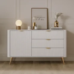 Madia 138x81h cm 1 anta 3 cassetti bianco opaco cannettato Ramis