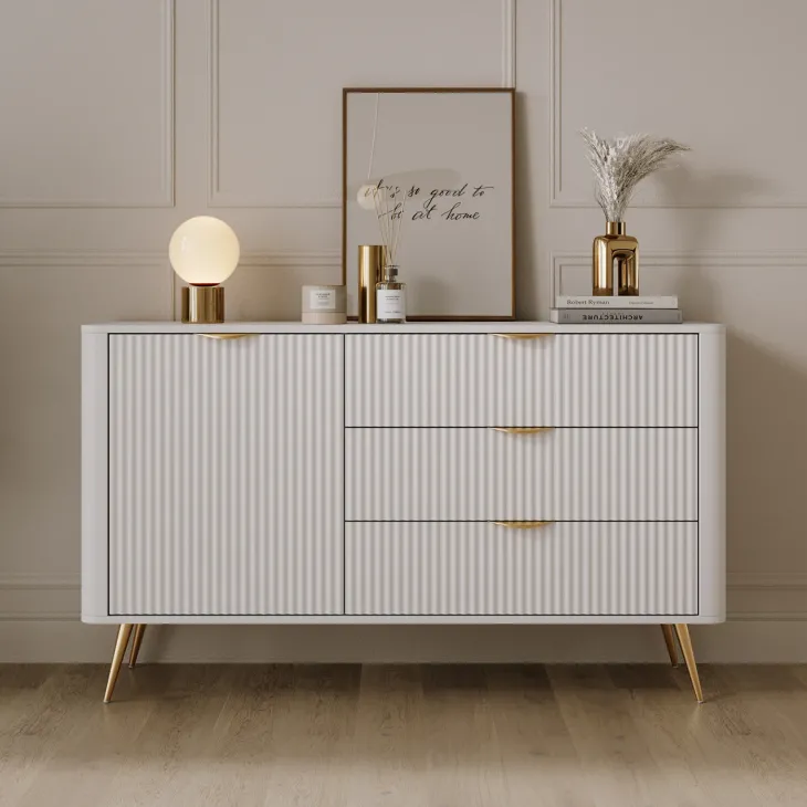Madia 138x81h cm 1 anta 3 cassetti bianco opaco cannettato Ramis