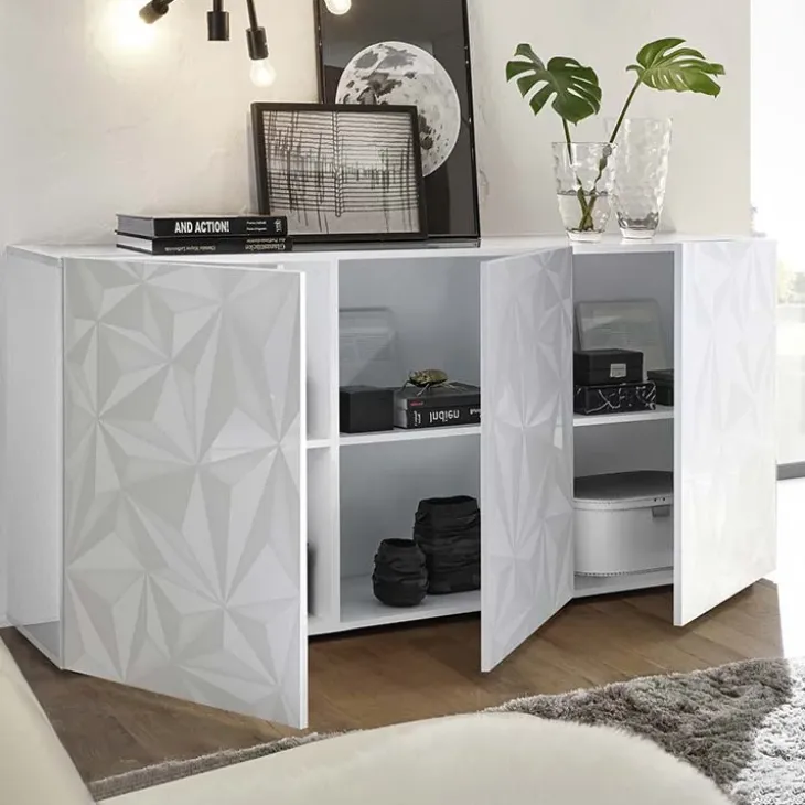 Madia 181x84h cm 3 ante bianco lucido laccato con serigrafia Marvis