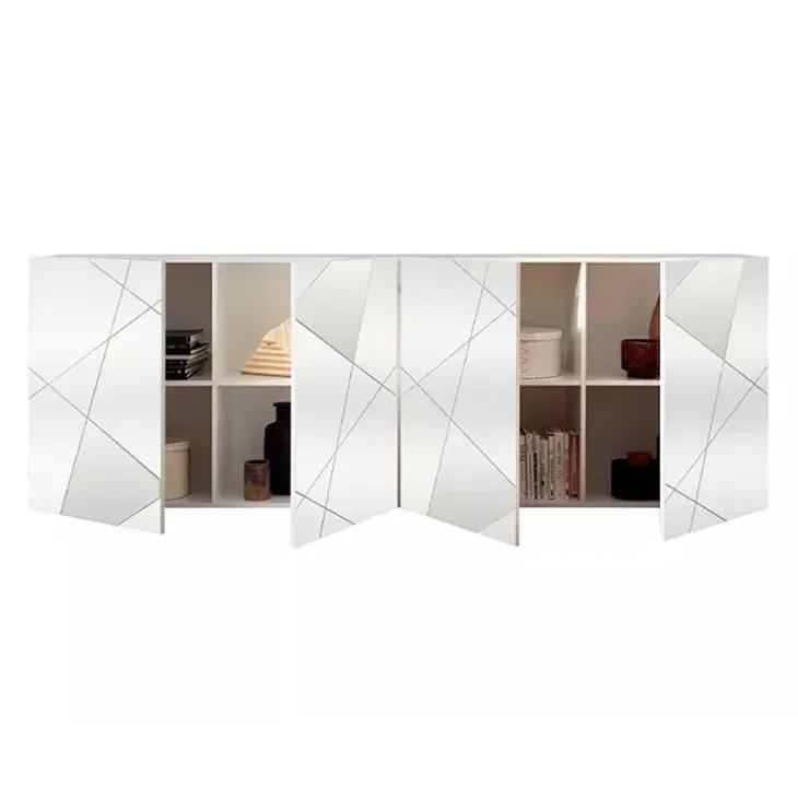 Madia 241x84h cm 4 ante bianco lucido con specchio e serigrafia Olimpo