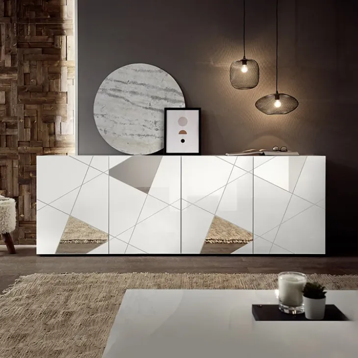 Madia 241x84h cm 4 ante bianco lucido con specchio e serigrafia Olimpo