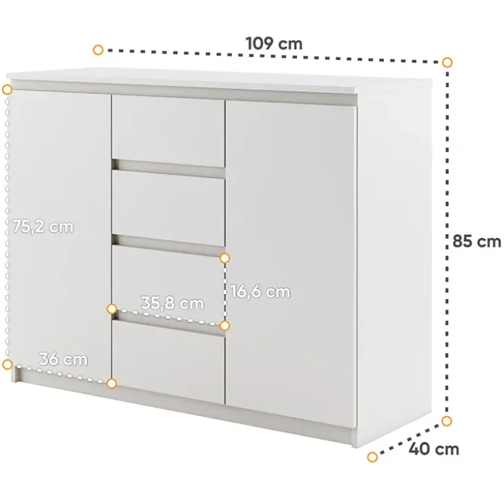 Madia 109x85h cm 2 ante 4 cassetti moderna bianco opaco Ombra