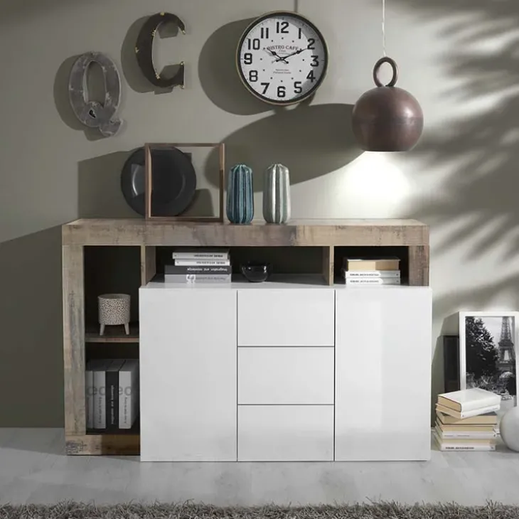 Madia 146x93h cm 2 ante 3 cassetti moderna bianco lucido pero Invictus
