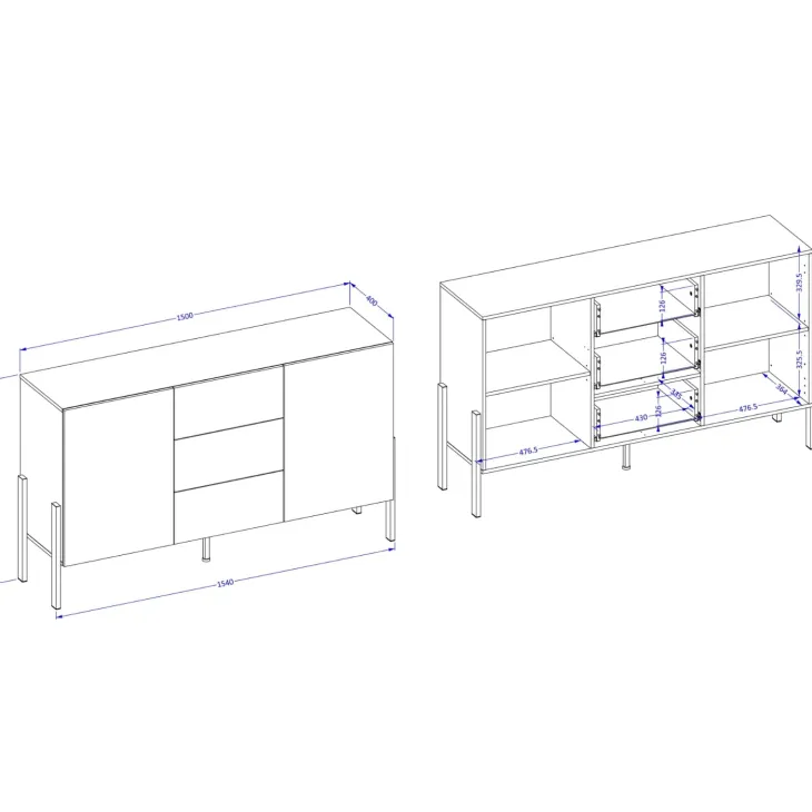 Madia 150x90h cm 2 ante 3 cassetti moderna bianco Simple