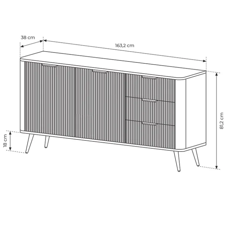 Madia 163x81h cm 2 ante 3 cassetti nero opaco cannettato Ramis
