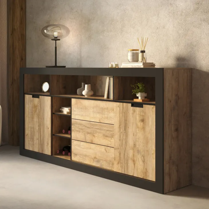 Madia 220x110 h cm 2 ante 3 cassetti 6 vani a giorno rovere rustico nero Ilyssa