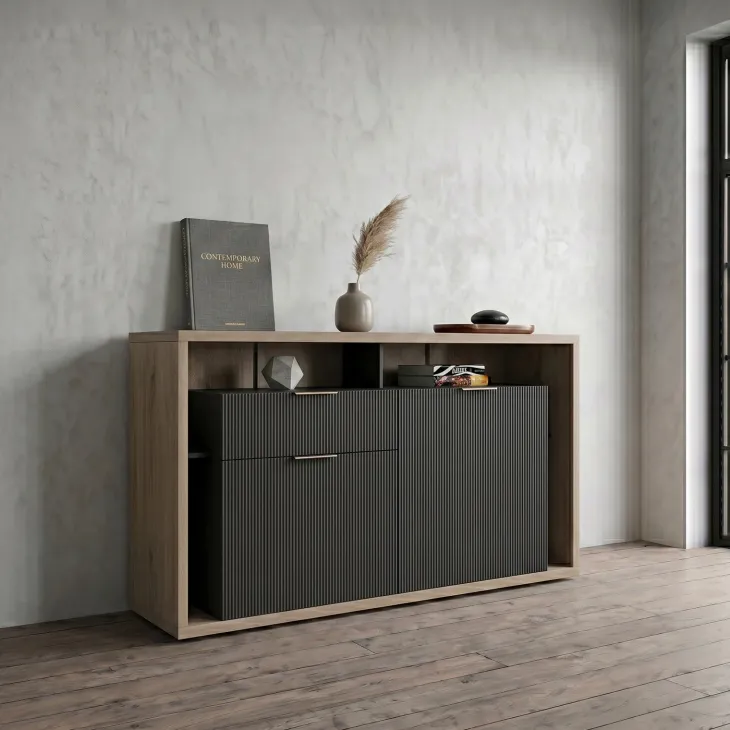 Madia 138x91h cm 2 ante 1 cassetto cannettato rovere nero Savona