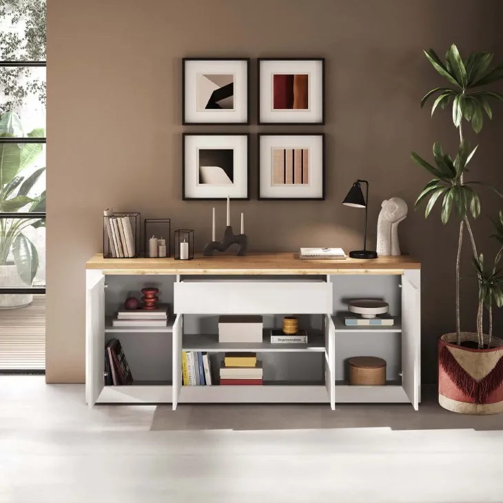 Madia 207x88h cm 4 ante 1 cassetto con led bianco lucido rovere chiaro Istria