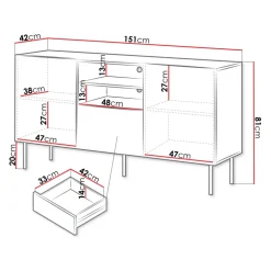 Madia 151x81h cm 2 ante 1 cassetto 2 vani a giorno noce cannettato Gabiot