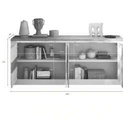 Madia 207x88h cm 4 ante con led bianco lucido rovere chiaro Istria