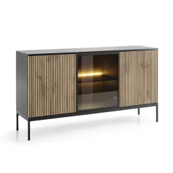 Madia 153x83h cm 3 ante con vetrina nero rovere antico cannettato Bali