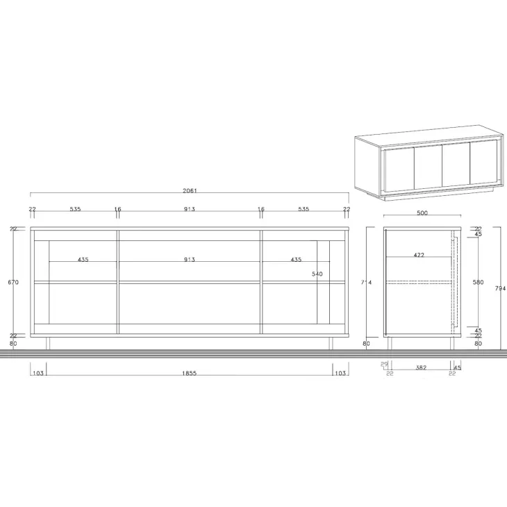 Madia 207x80h cm 4 ante moderna antracite rovere scuro Deluxe